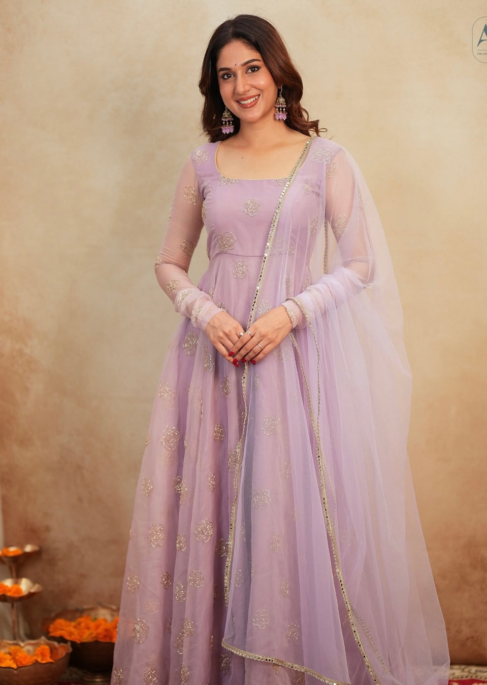 Lavender Soft Organza Handwork Embroidered Anarkali Suit Set with Dupatta & Pants