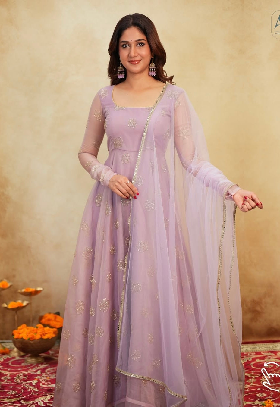 Lavender Soft Organza Handwork Embroidered Anarkali Suit Set with Dupatta & Pants