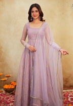 Lavender Soft Organza Handwork Embroidered Anarkali Suit Set with Dupatta & Pants