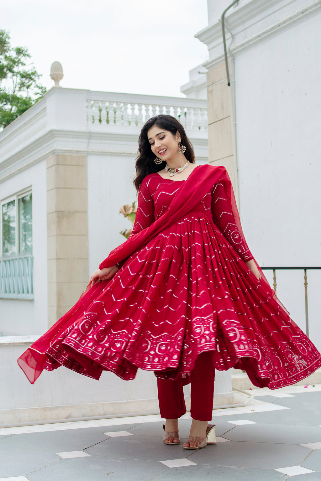 Designer Maroon Embroidered Anarkali Suit Set with Dupatta