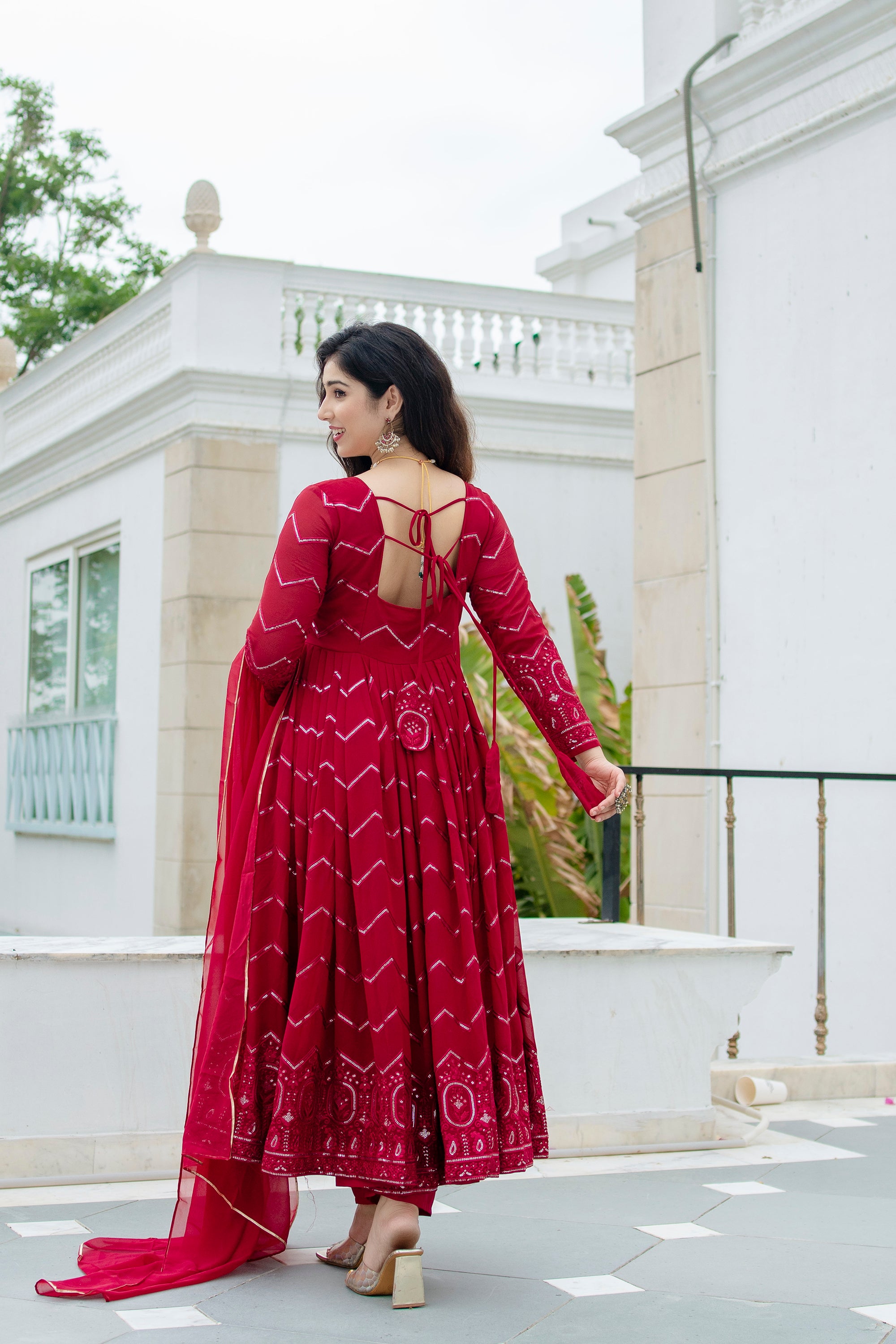 Designer Maroon Embroidered Anarkali Suit Set with Dupatta