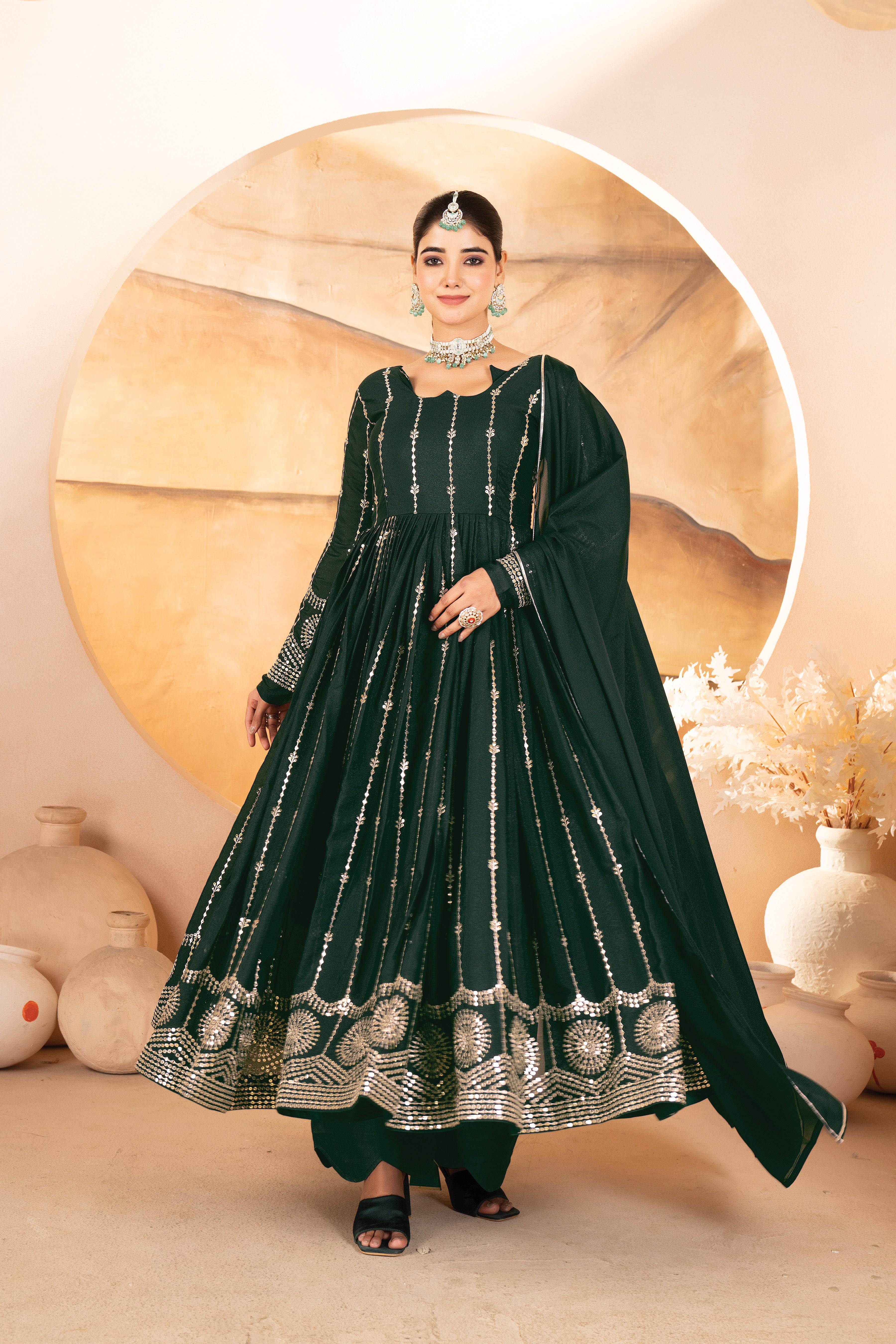 Premium Dark Green Anarkali Suit Set with Dupatta