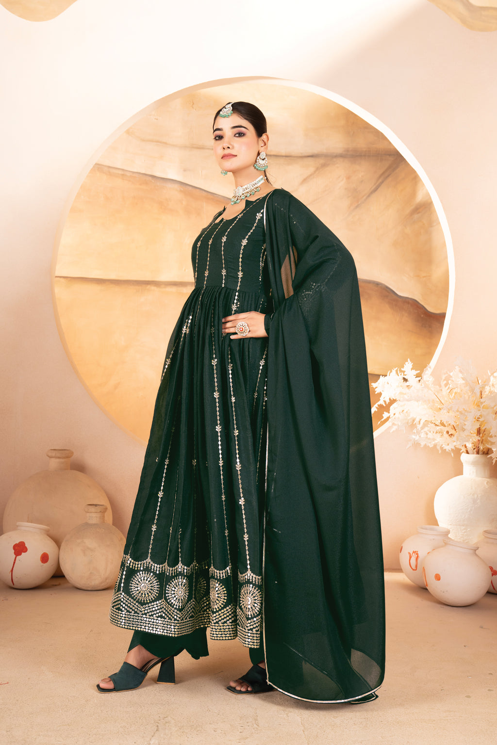 Premium Dark Green Anarkali Suit Set with Dupatta