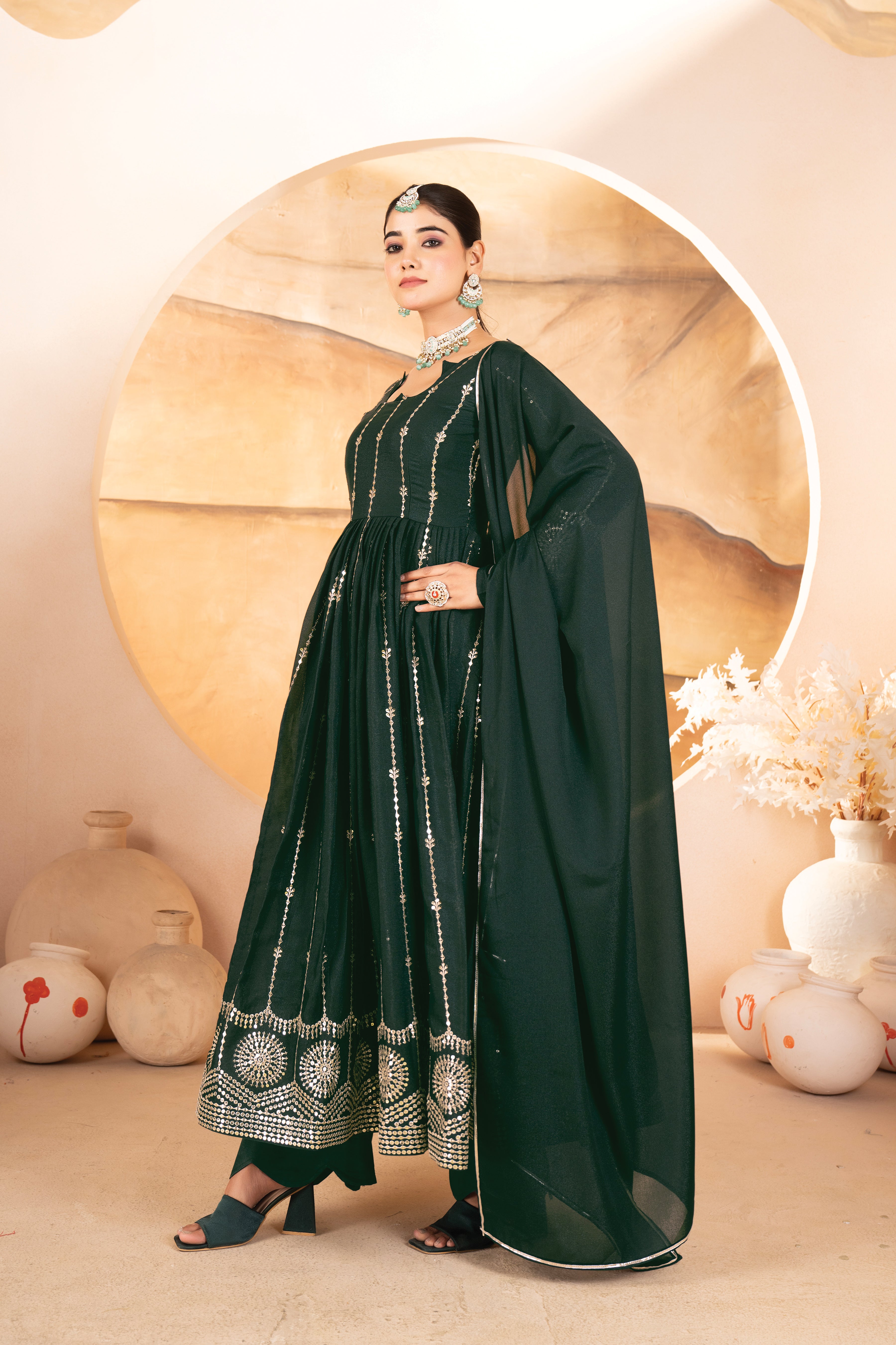 Premium Dark Green Anarkali Suit Set with Dupatta