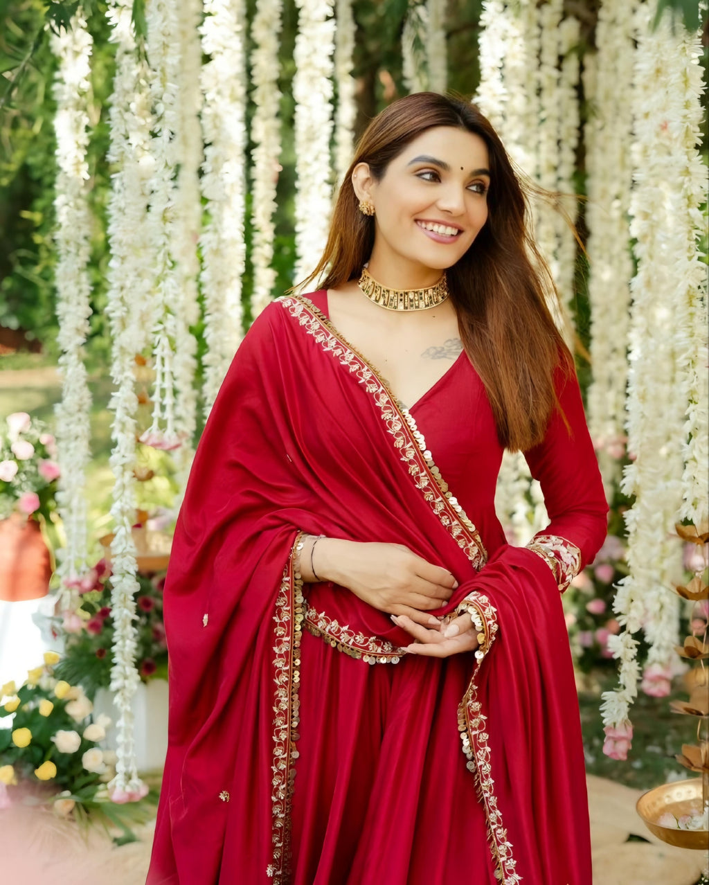 Designer Red Embroidered Anarkali Suit Set with Dupatta