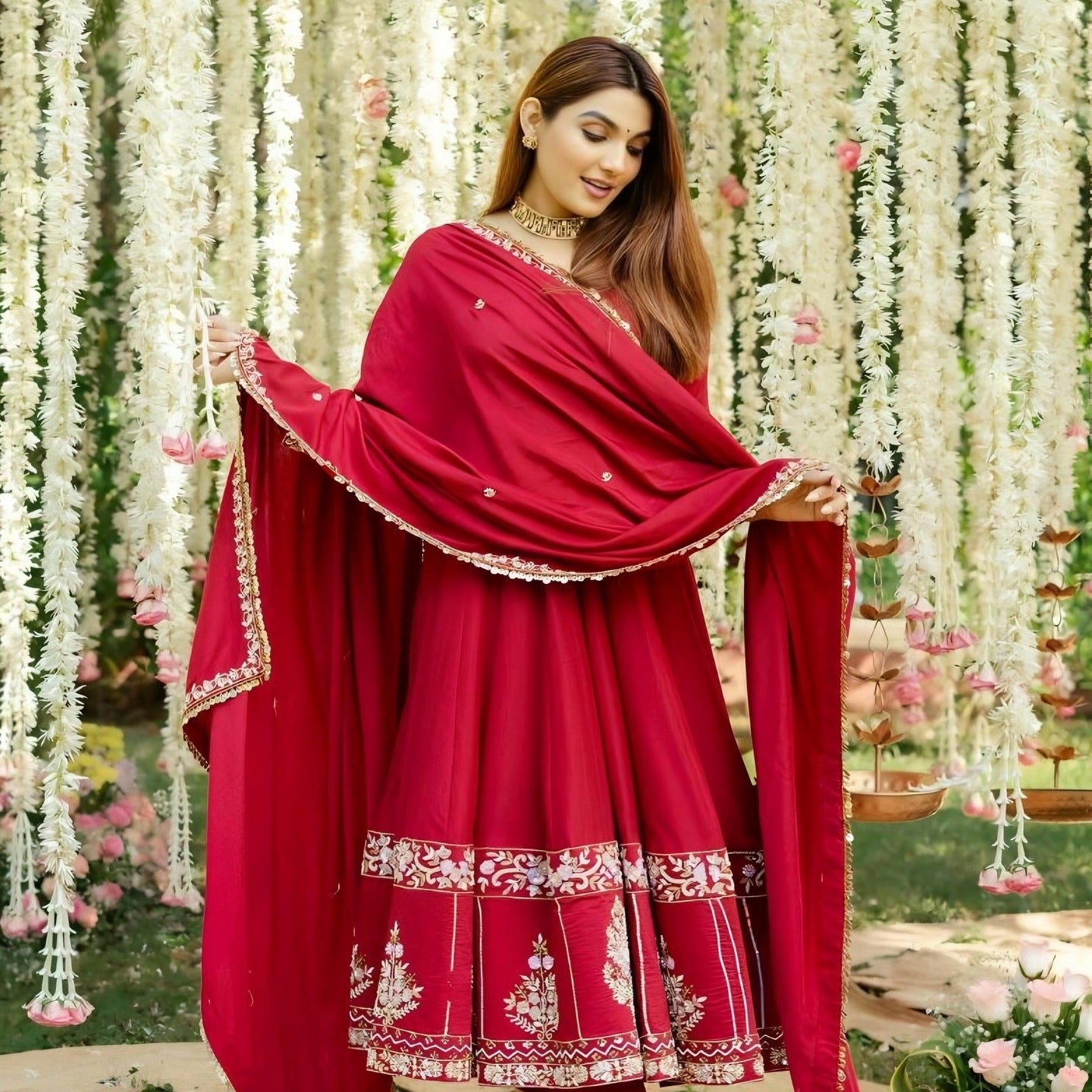 Designer Red Embroidered Anarkali Suit Set with Dupatta