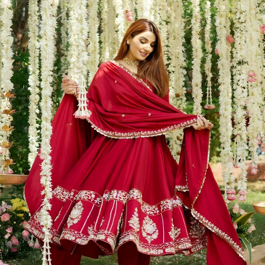 Designer Red Embroidered Anarkali Suit Set with Dupatta