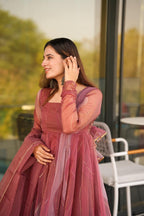 Pink Organza Foil Work Anarkali Gown Set with Dupatta & Plazo