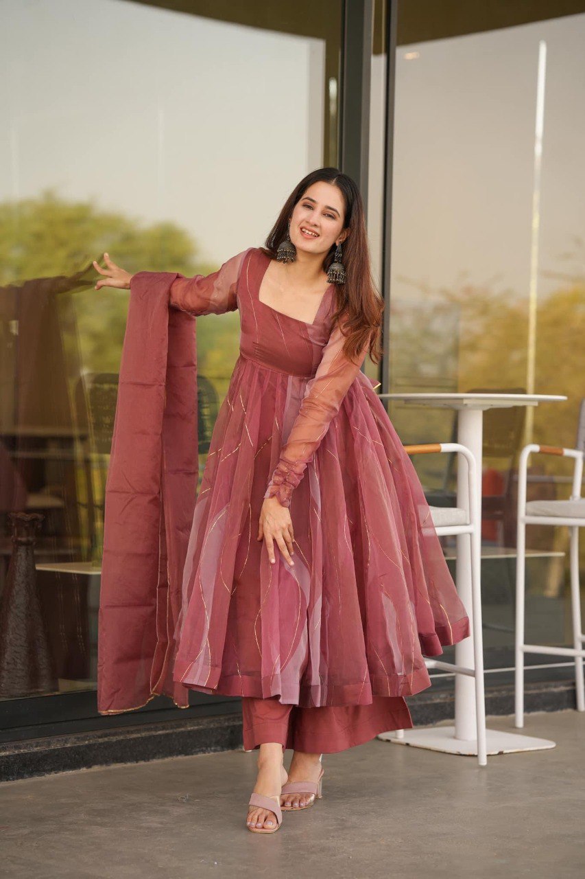 Pink Organza Foil Work Anarkali Gown Set with Dupatta & Plazo