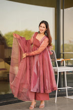 Pink Organza Foil Work Anarkali Gown Set with Dupatta & Plazo