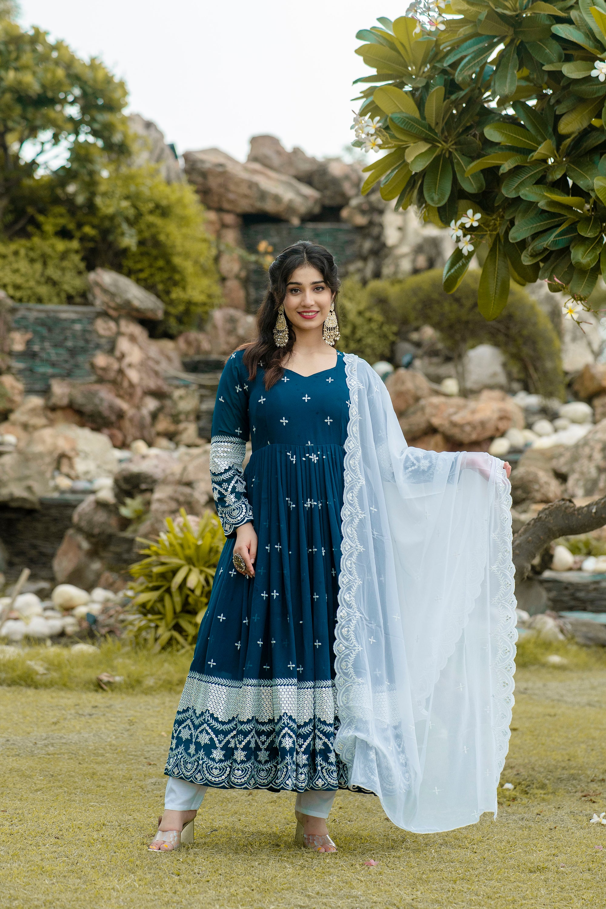 Women's Embroidered Anarkali Suit Set with Dupatta & Pants