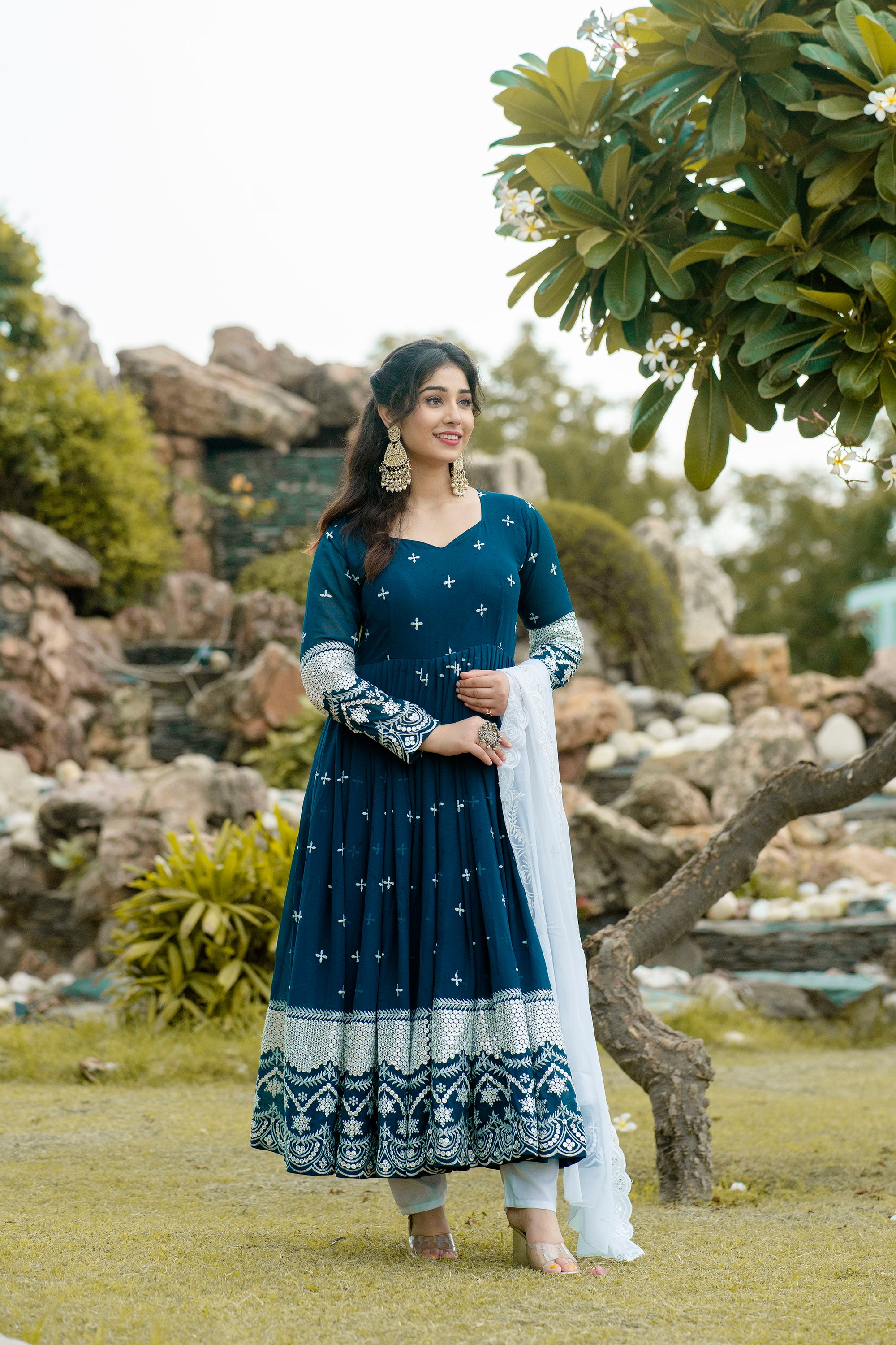 Women's Embroidered Anarkali Suit Set with Dupatta & Pants