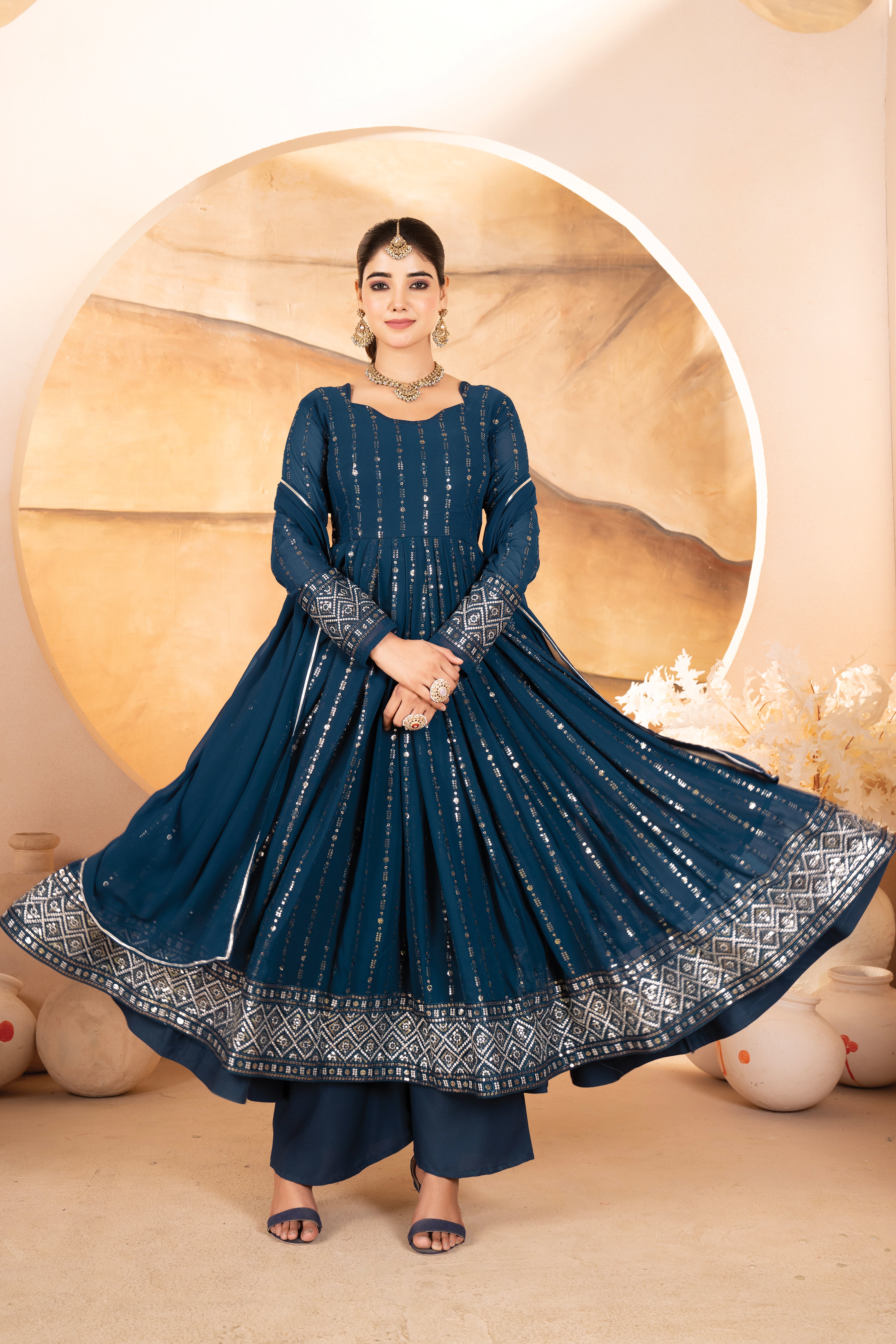 Premium Rama Blue Anarkali Suit Set with Dupatta & Pants