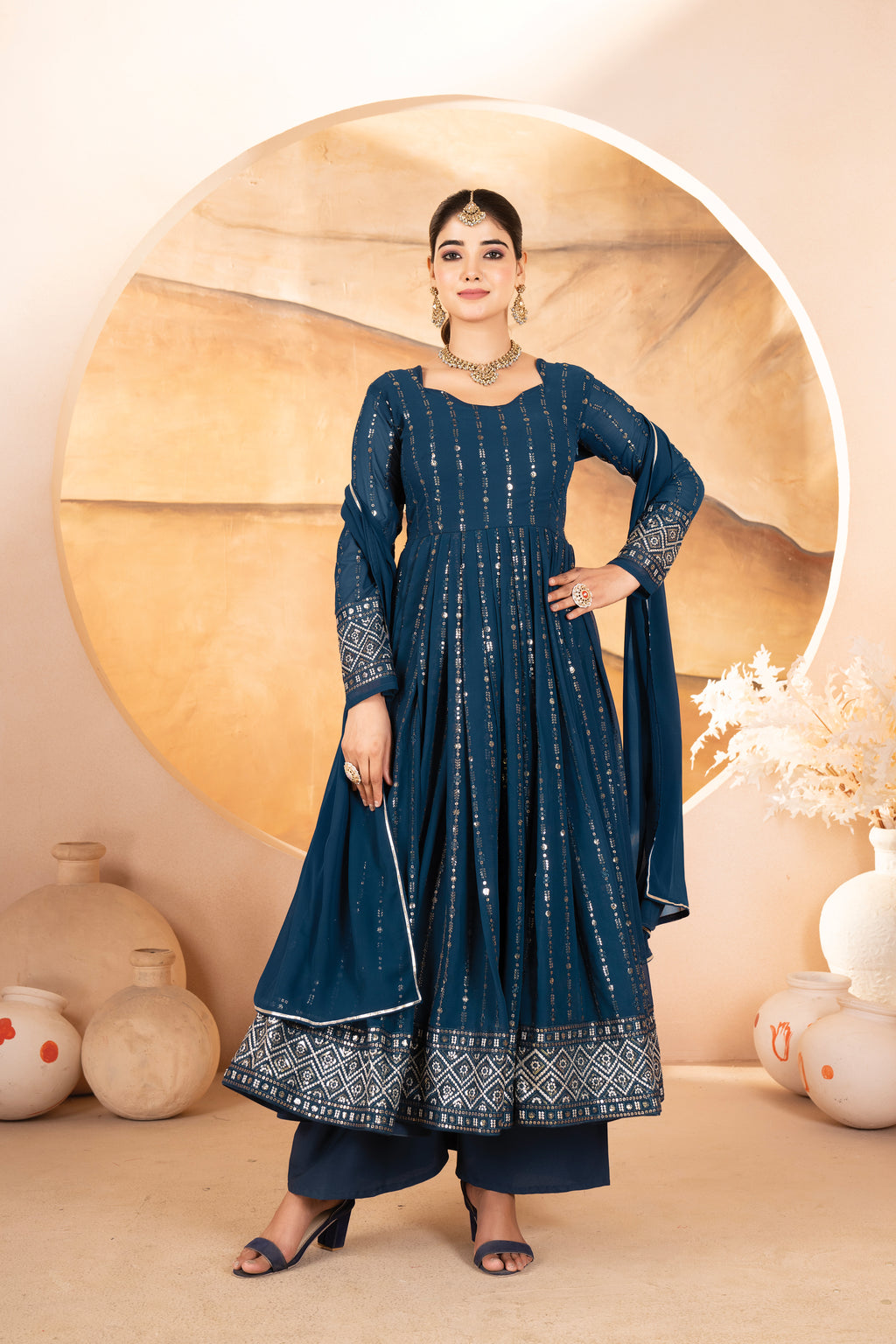 Premium Rama Blue Anarkali Suit Set with Dupatta & Pants