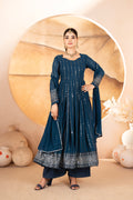 Premium Rama Blue Anarkali Suit Set with Dupatta & Pants