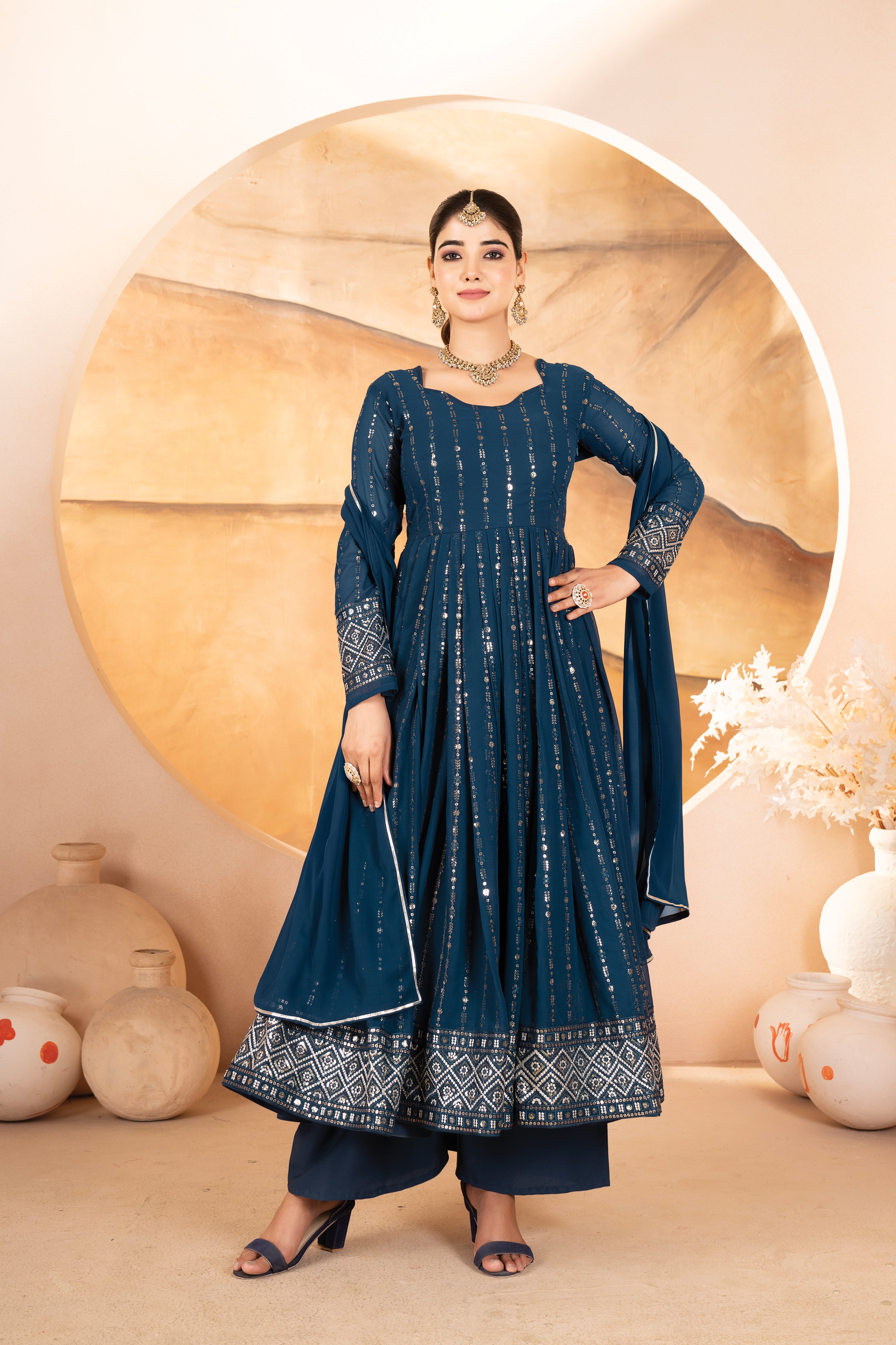 Premium Rama Blue Anarkali Suit Set with Dupatta & Pants