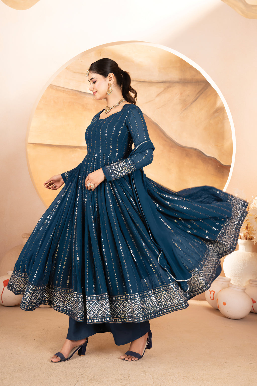 Premium Rama Blue Anarkali Suit Set with Dupatta & Pants