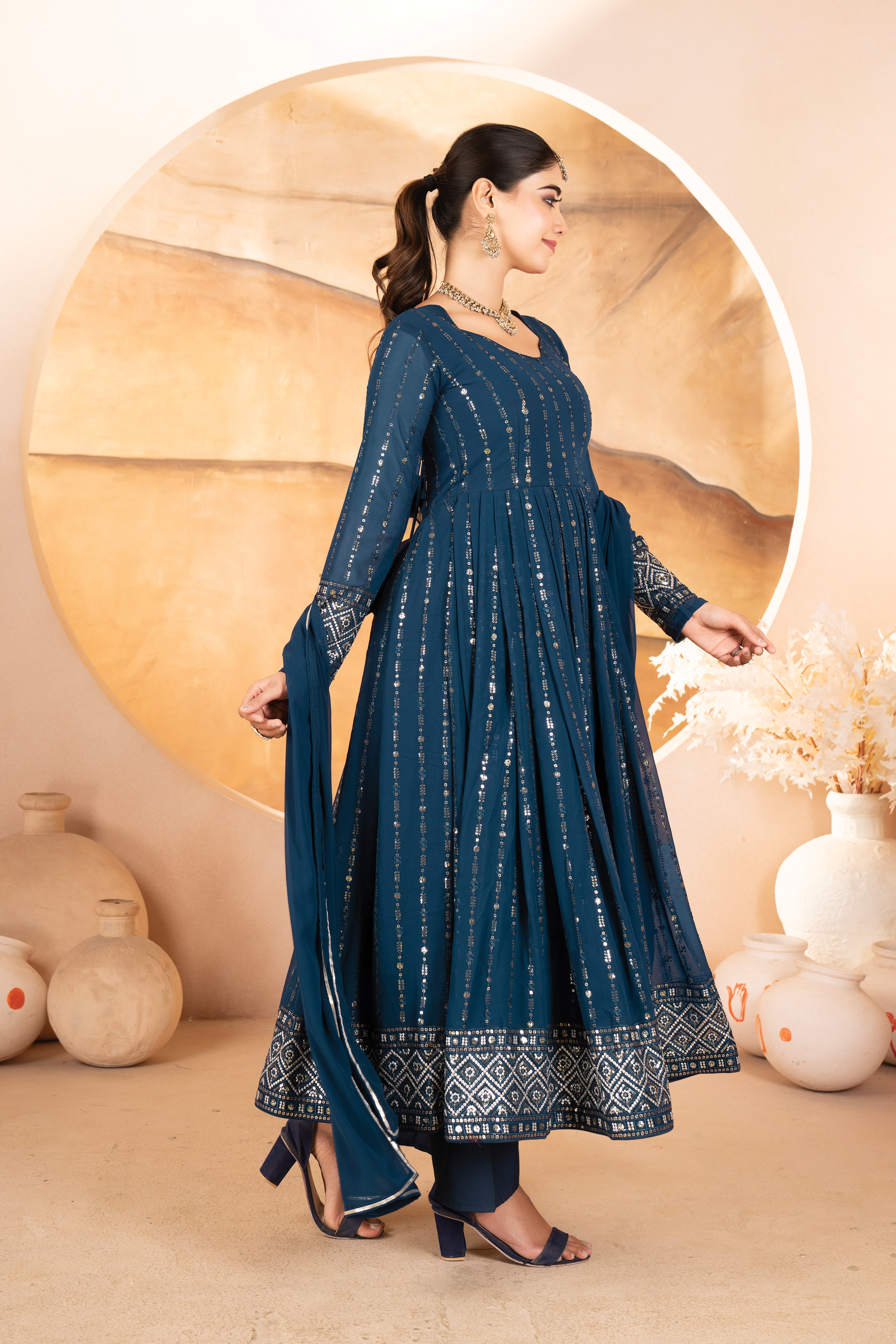 Premium Rama Blue Anarkali Suit Set with Dupatta & Pants