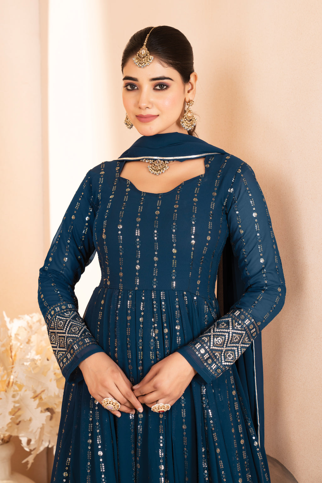 Premium Rama Blue Anarkali Suit Set with Dupatta & Pants