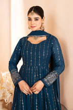 Premium Rama Blue Anarkali Suit Set with Dupatta & Pants