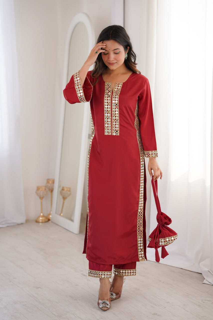 Premium Mirror Work Kurti Pant Set with Batwa | Festive Wear Outfit