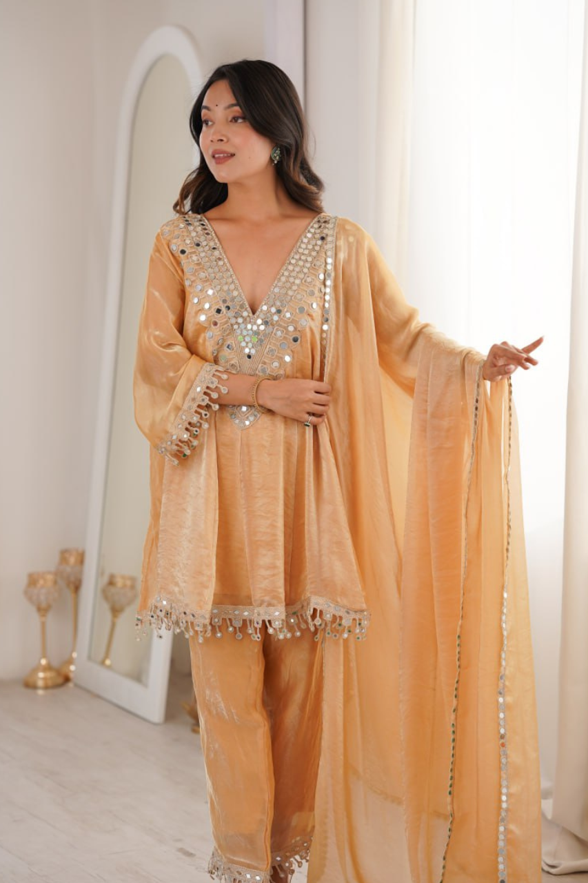 Premium Fendy Fabric Real Mirror Embroidered Kurti Pant Dupatta Set