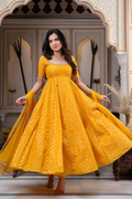 Mustard Yellow Chanderi Jacquard Butti Mirror Work Anarkali Gown Set
