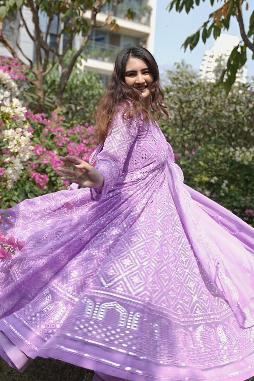 Purple Sequins Embroidered Anarkali Suit Set with Dupatta