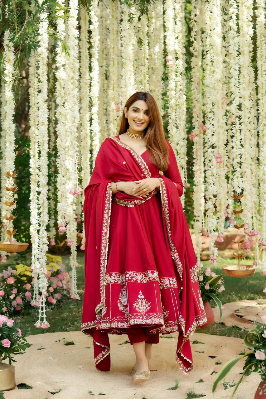 Designer Red Embroidered Anarkali Suit Set with Dupatta