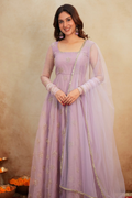 Lavender Soft Organza Handwork Embroidered Anarkali Suit Set with Dupatta & Pants