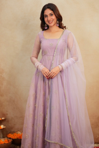 Lavender Soft Organza Handwork Embroidered Anarkali Suit Set with Dupatta & Pants