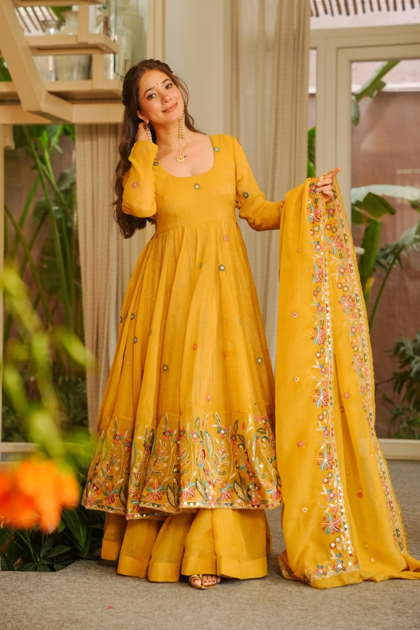 Royal Embroidered Anarkali Suit Set with Sharara & Dupatta