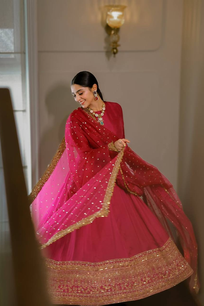 Rani Pink Rayon Cording Embroidered Anarkali Suit Set