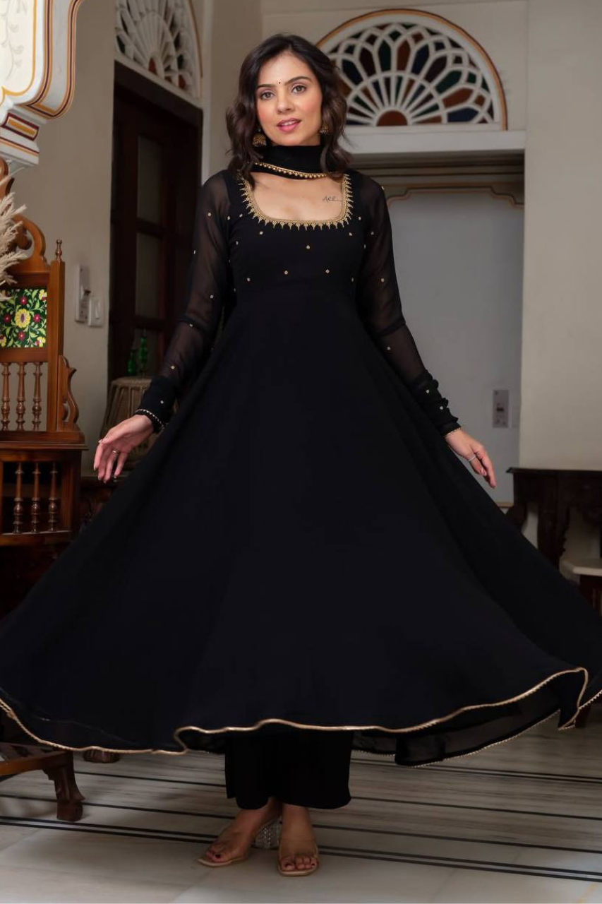 Black Embroidered Anarkali Suit Set with Dupatta