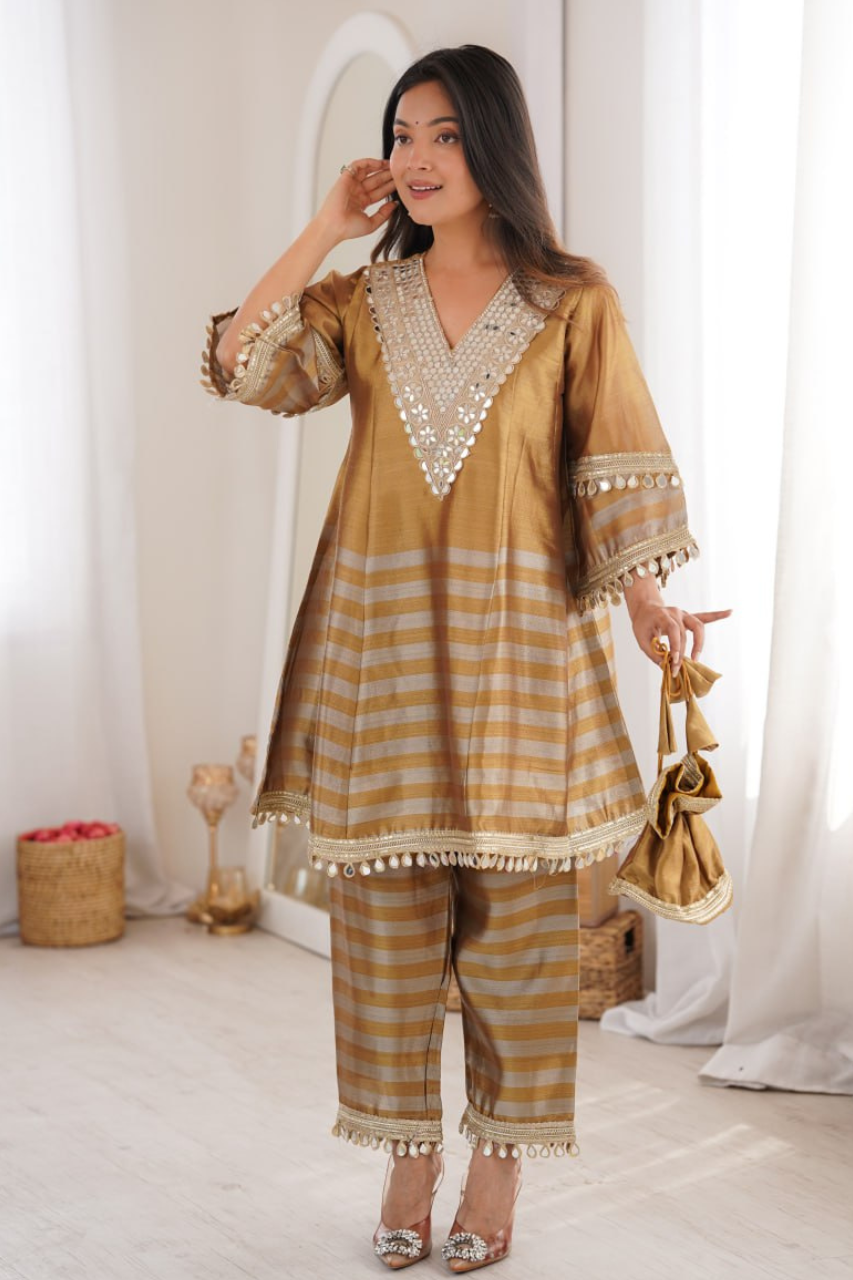 Golden Two-Tone Tissue Mirror Work Top & Bottom Set with Batwa Bag