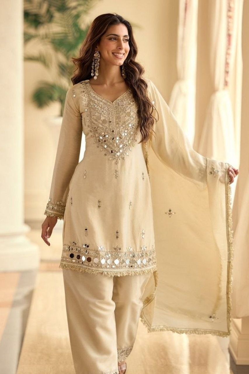 Premium Kurti Pant Dupatta Set with Real Mirror Hand Work