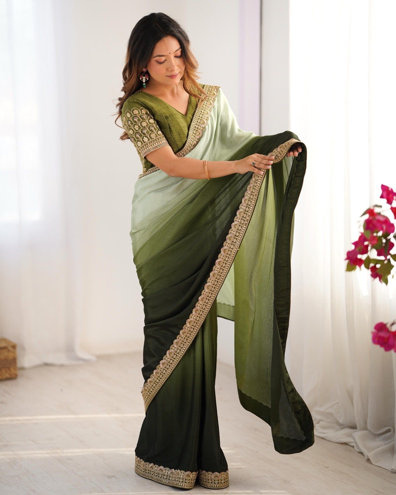 Premium Designer Chinon Silk Embroidered Saree for Women