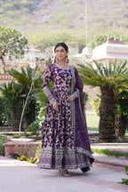 Premium Viscose Jacquard Embroidered Anarkali Gown with Russian Silk Dupatta
