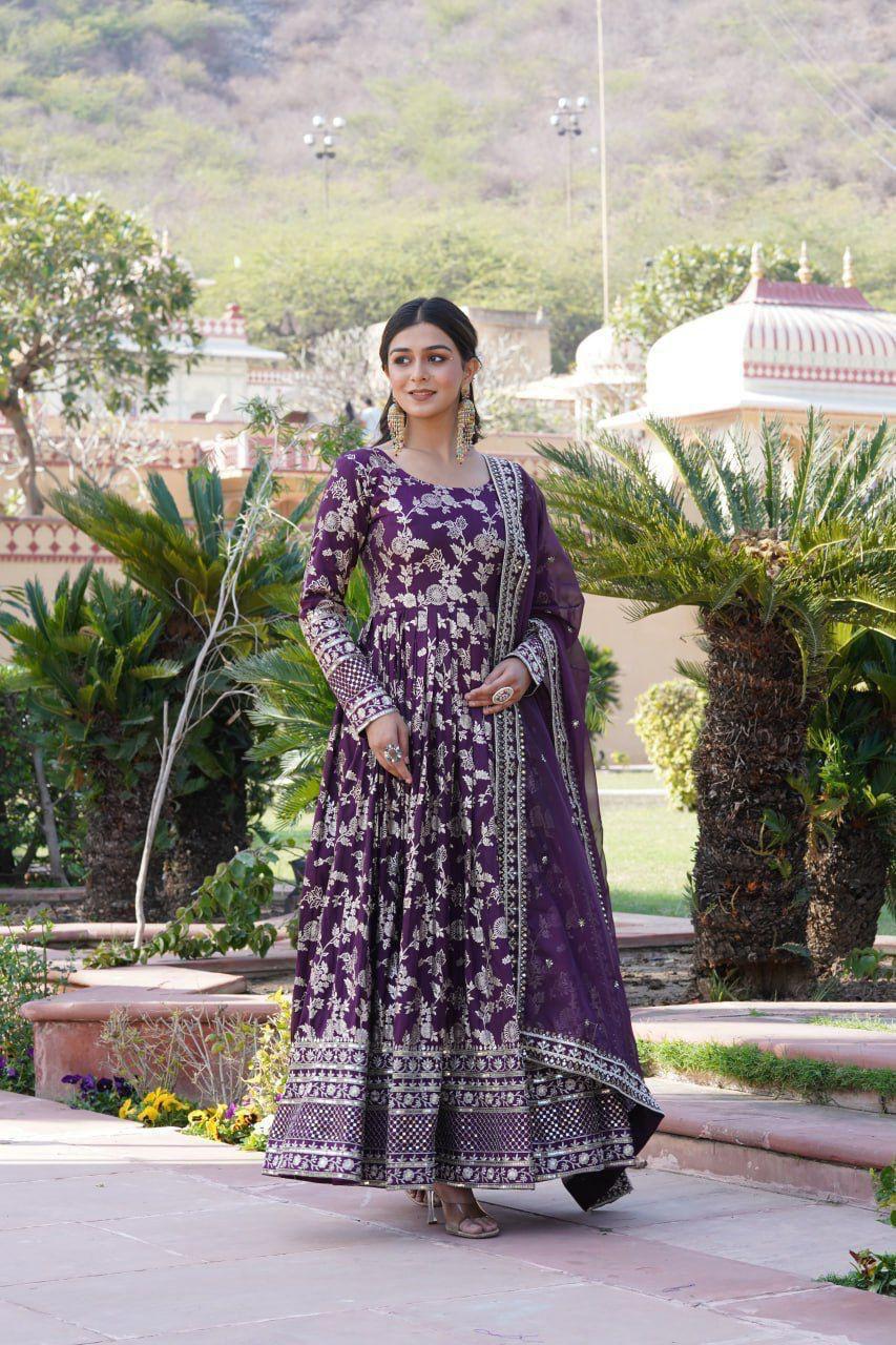 Premium Viscose Jacquard Embroidered Anarkali Gown with Russian Silk Dupatta