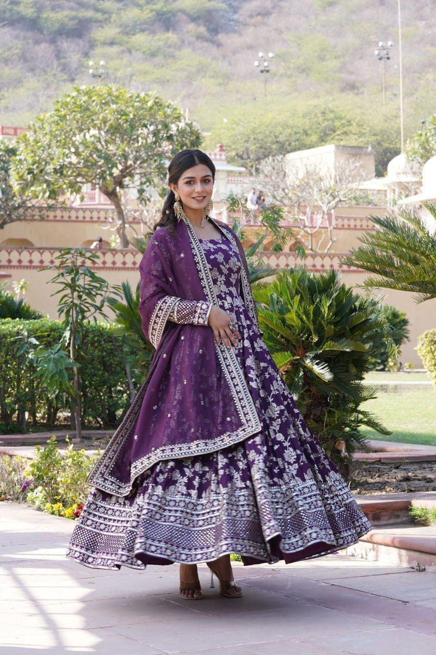 Premium Viscose Jacquard Embroidered Anarkali Gown with Russian Silk Dupatta