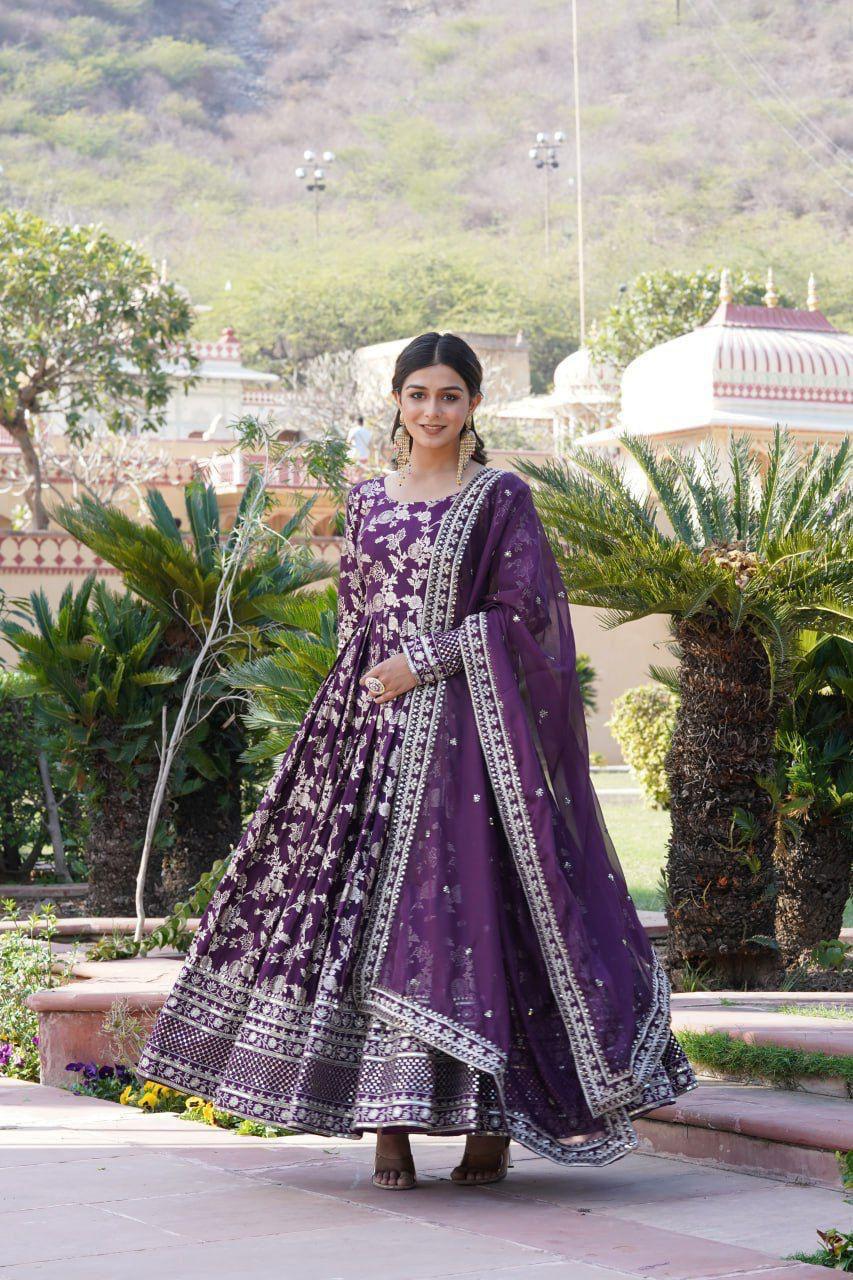 Premium Viscose Jacquard Embroidered Anarkali Gown with Russian Silk Dupatta