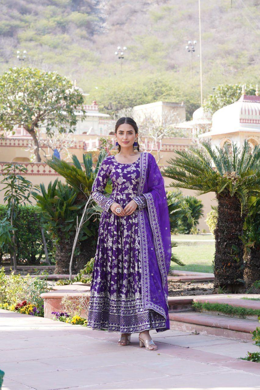 Premium Viscose Jacquard Embroidered Anarkali Gown with Russian Silk Dupatta
