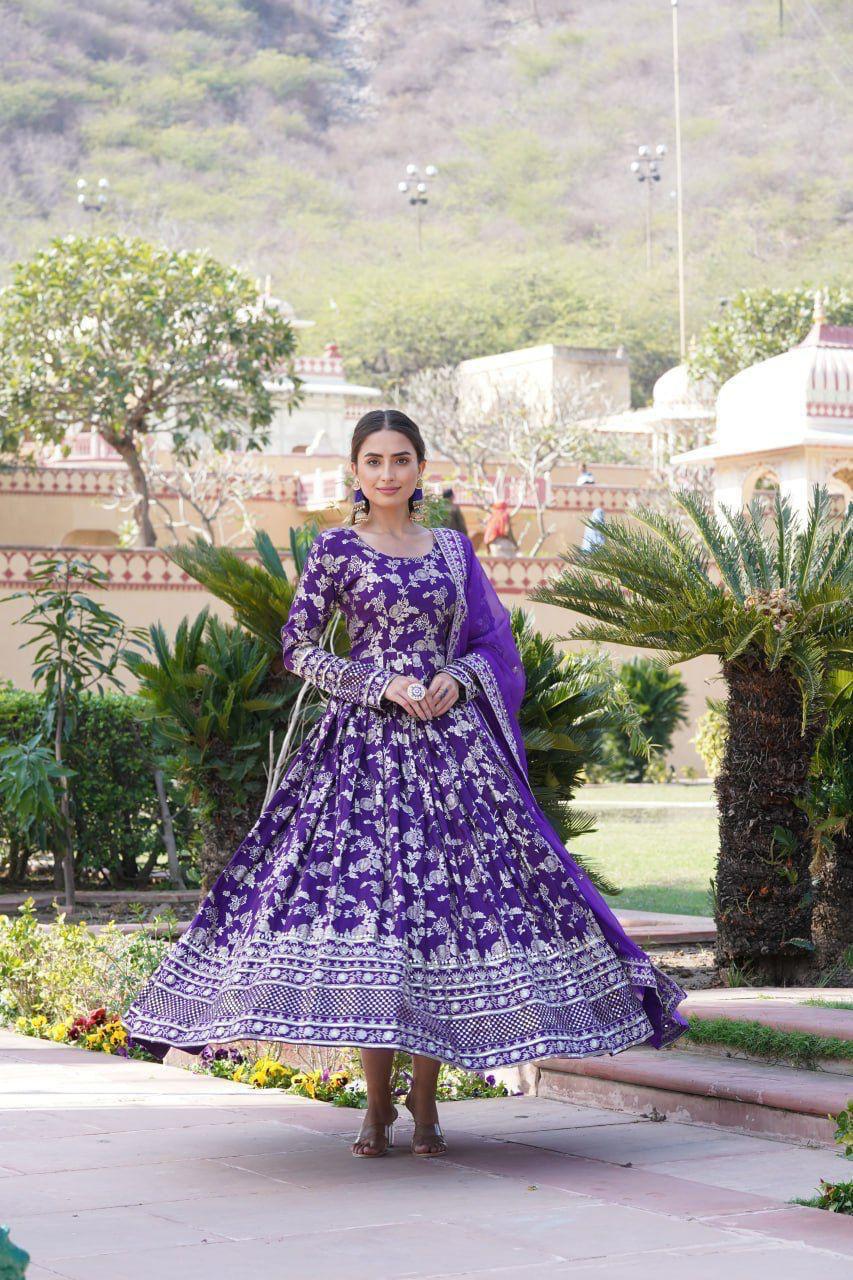 Premium Viscose Jacquard Embroidered Anarkali Gown with Russian Silk Dupatta