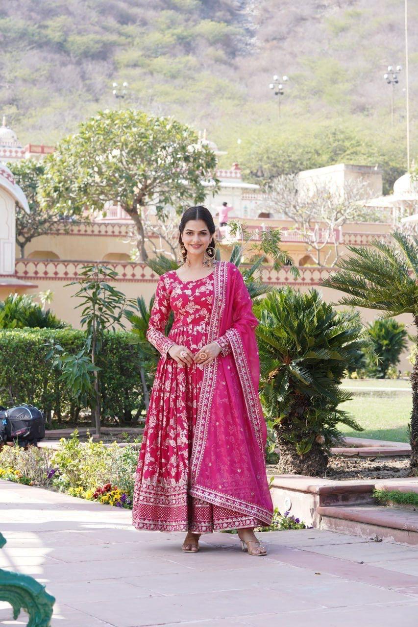 Premium Viscose Jacquard Embroidered Anarkali Gown with Russian Silk Dupatta
