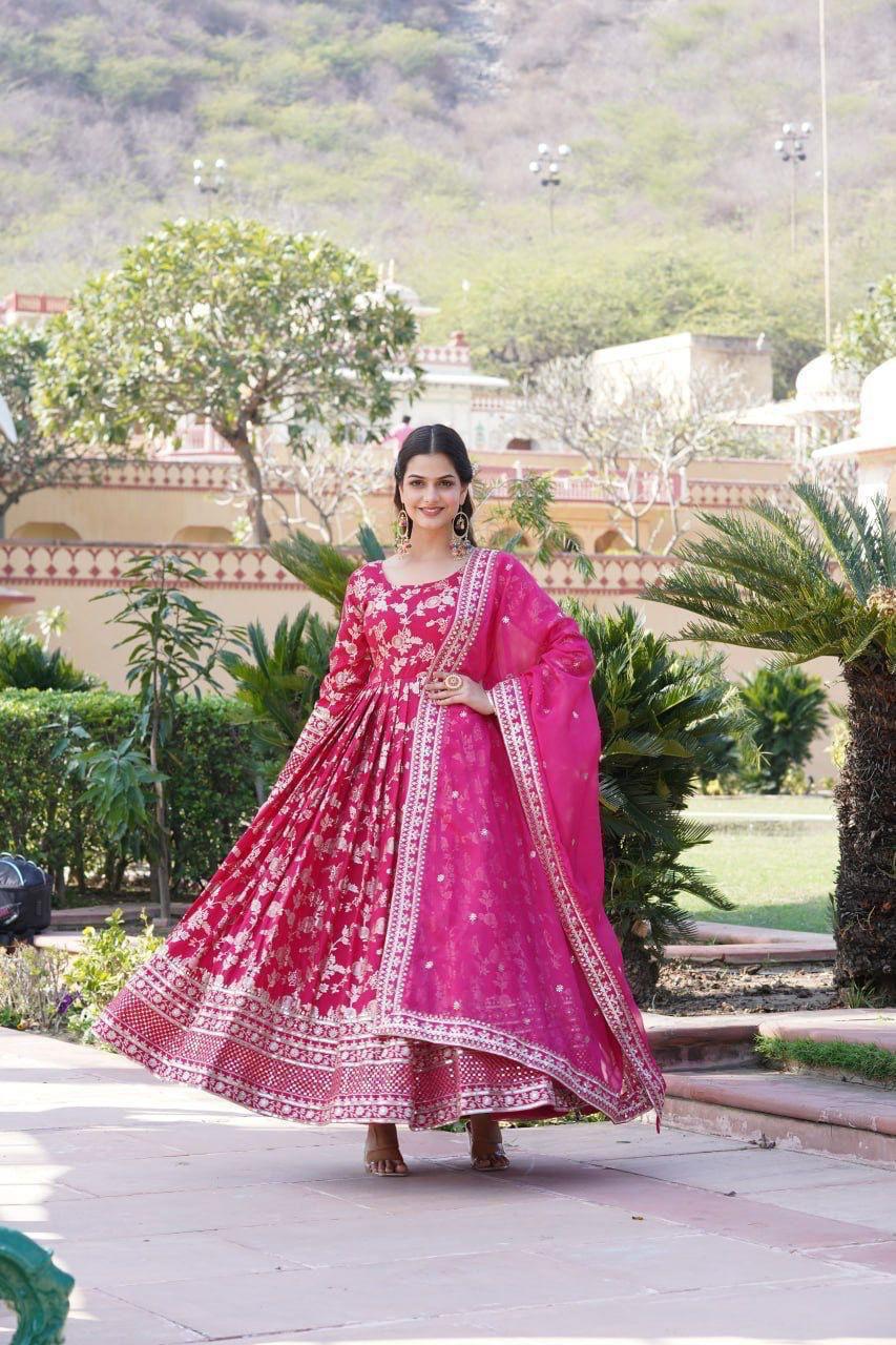 Premium Viscose Jacquard Embroidered Anarkali Gown with Russian Silk Dupatta