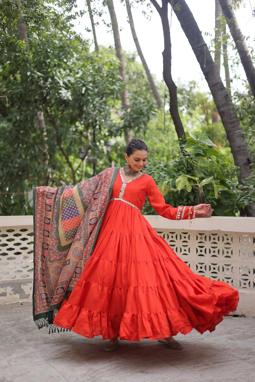 Premium Frill Gown with Printed Dupatta - Wedding Functions Outfit