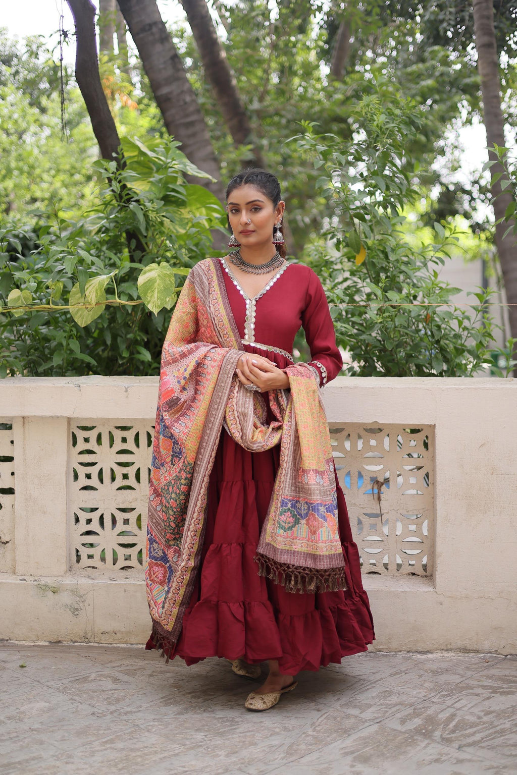 Premium Frill Gown with Printed Dupatta - Wedding Functions Outfit