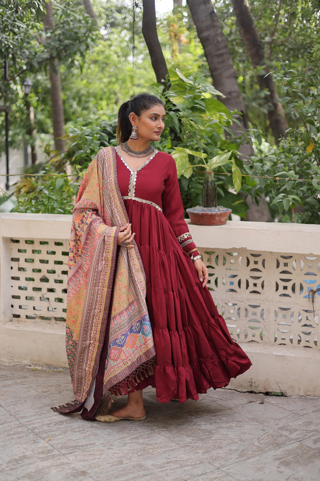 Premium Frill Gown with Printed Dupatta - Wedding Functions Outfit
