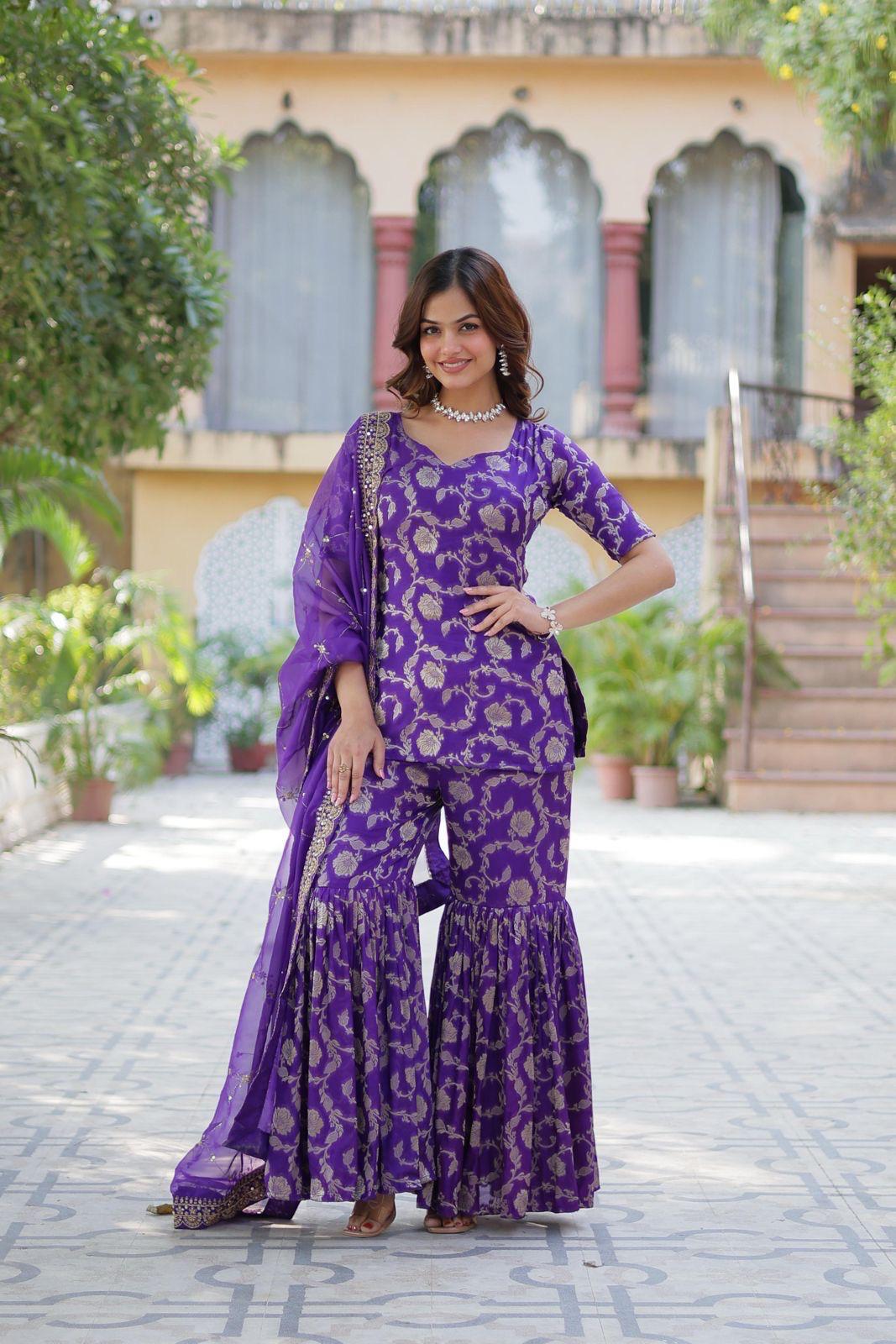 Premium Purple Jacquard Gharara Suit Set with Embroidered Dupatta