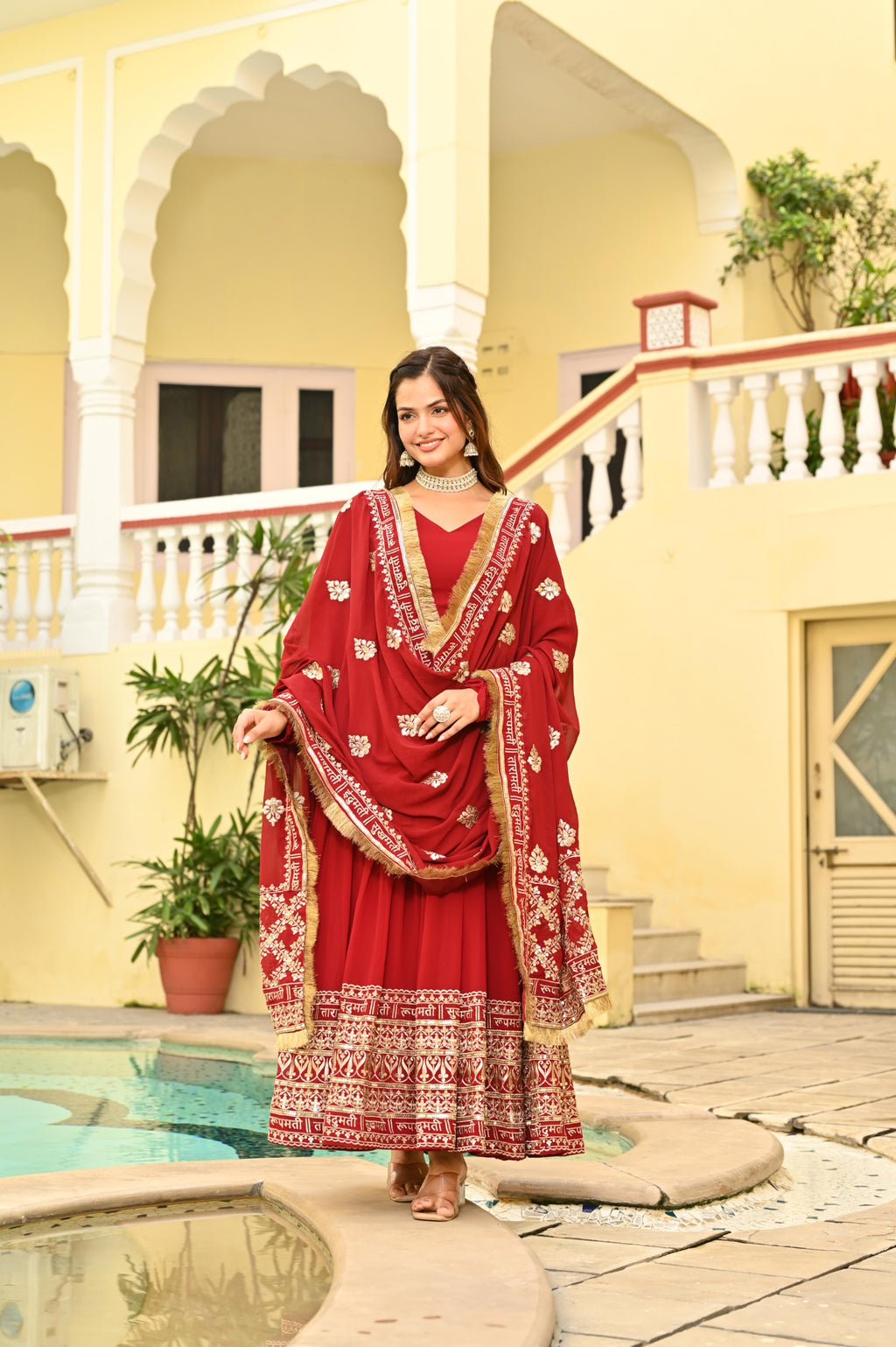 Premium Designer Red Embroidered Anarkali Gown with Dupatta Set